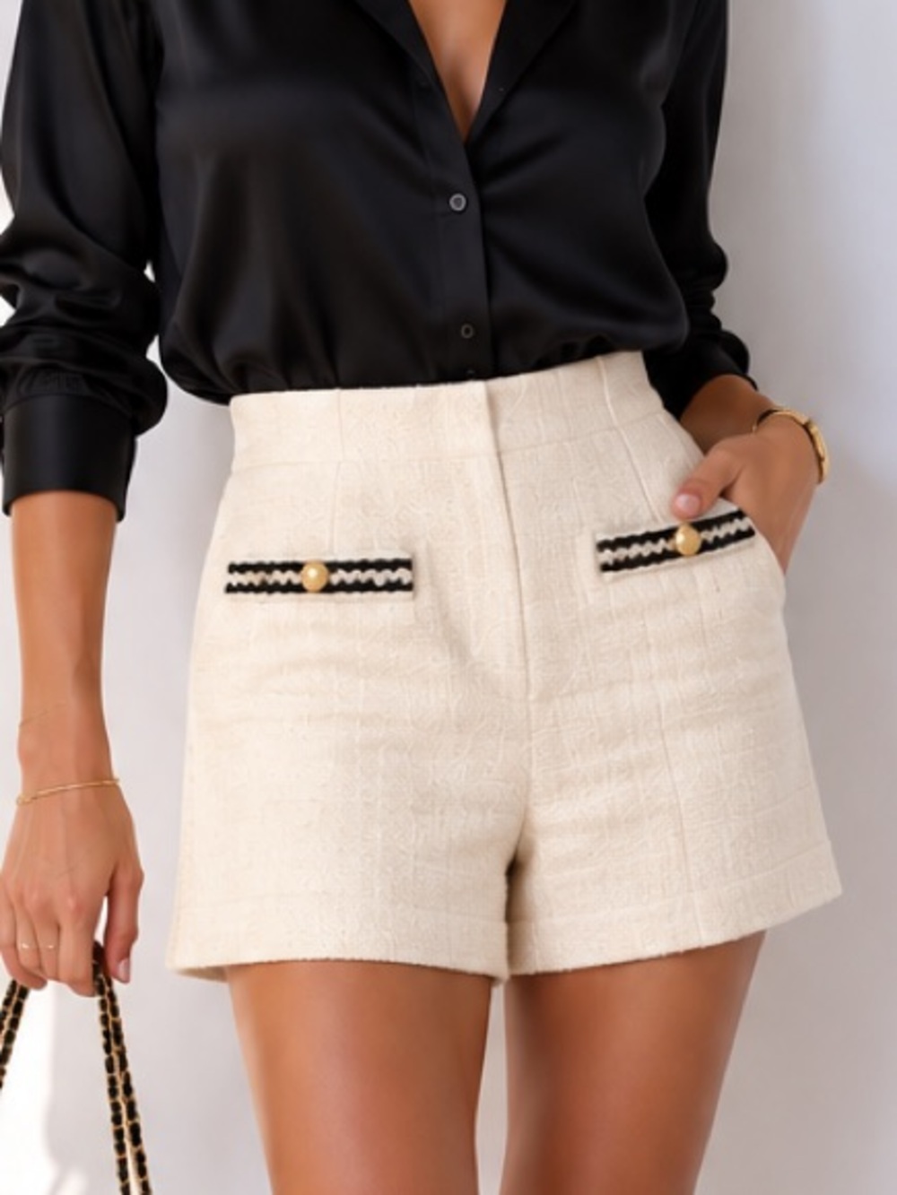 $375 SANDRO Cream Tweed High-Waist Shorts with Black Trim EU42 US10